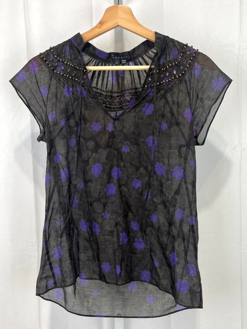 THEORY Lalla C Beaded Floral Cap Sleeve Top Tie Neck Cotton Black Purple Size S
